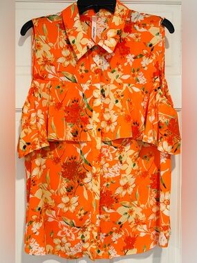 NY Collection Bold Orange Tropical Print Cold Shoulder Button Front Blouse XL